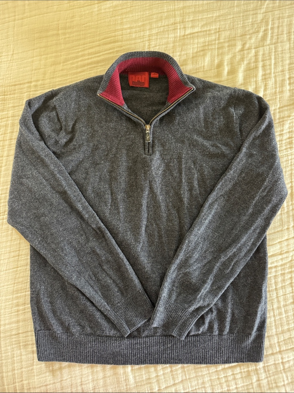 Half-Zip Charcoal Gray Merino Wool Men's Sweater with Red Collar